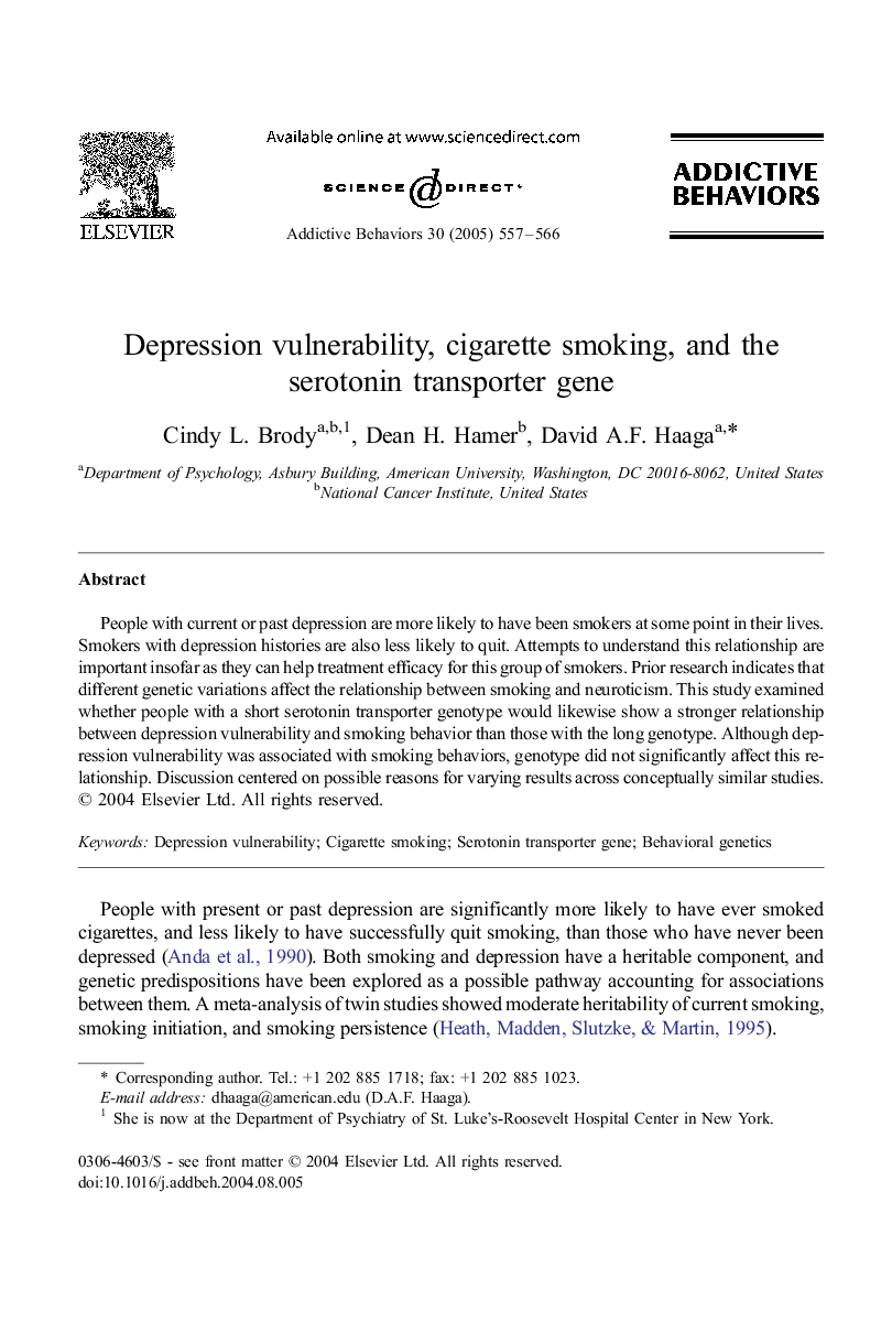 Depression vulnerability, cigarette smoking, and the serotonin transporter gene