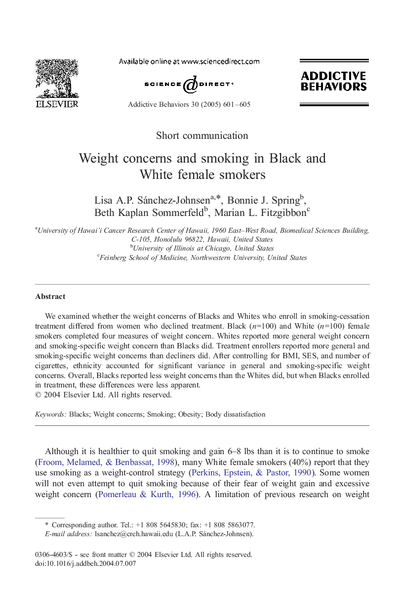 Weight concerns and smoking in Black and White female smokers