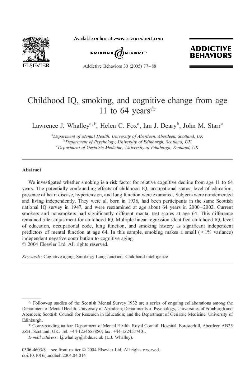 Childhood IQ, smoking, and cognitive change from age 11 to 64 years