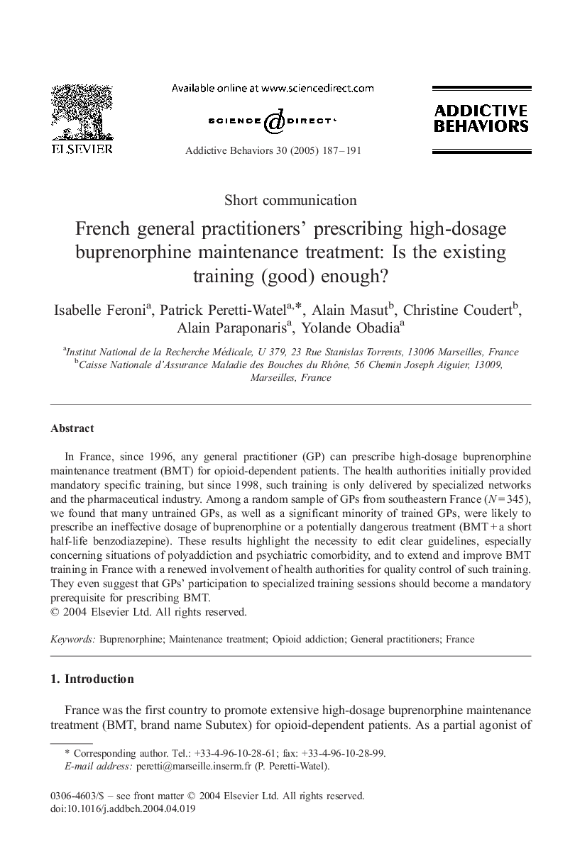عکس صفحه اول مقاله: French general practitioners' prescribing high-dosage buprenorphine maintenance treatment: Is the existing training (good) enough? French general practitioners' prescribing high-dosage buprenorphine maintenance treatment: Is the existing training (good) enough?