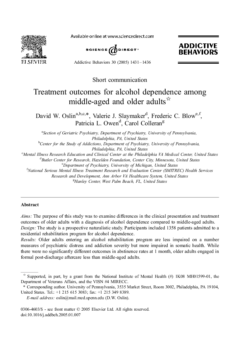 Treatment outcomes for alcohol dependence among middle-aged and older adults