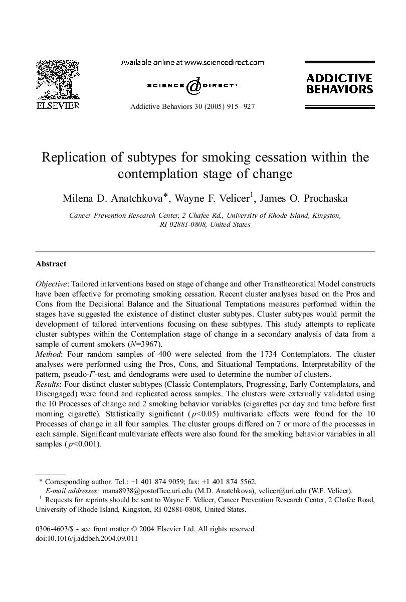 Replication of subtypes for smoking cessation within the contemplation stage of change