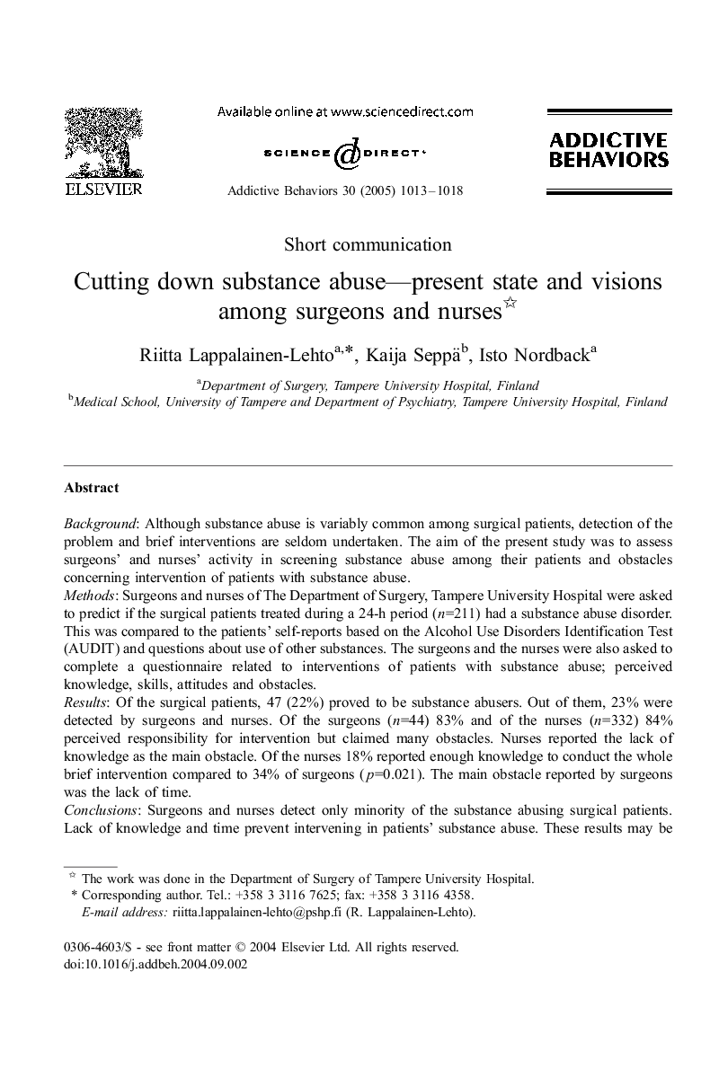 Cutting down substance abuse-present state and visions among surgeons and nurses