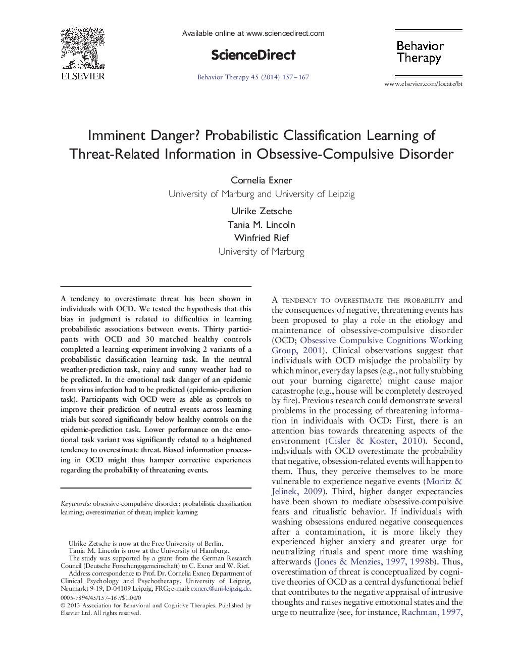 Imminent Danger? Probabilistic Classification Learning of Threat-Related Information in Obsessive-Compulsive Disorder