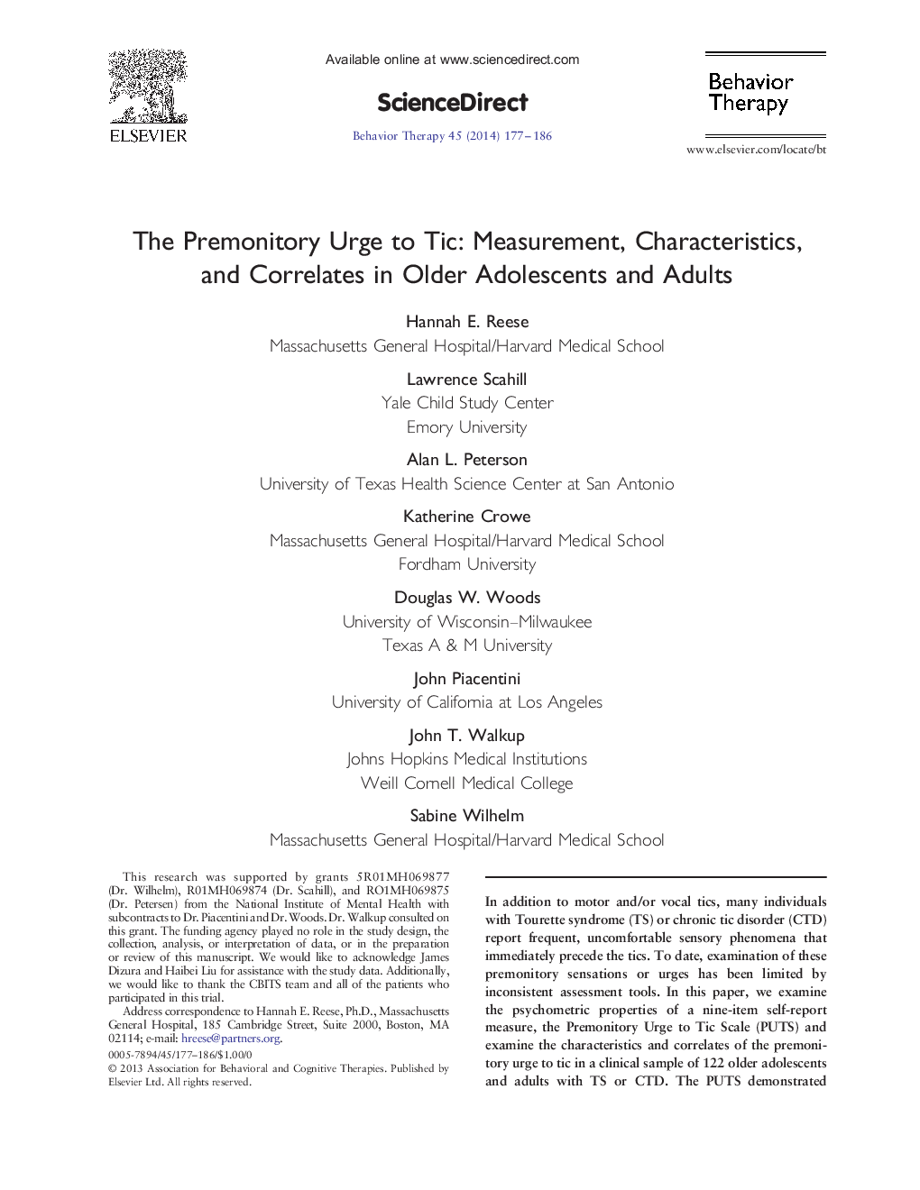 The Premonitory Urge to Tic: Measurement, Characteristics, and Correlates in Older Adolescents and Adults