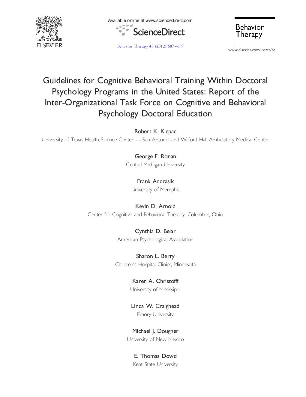 Guidelines for Cognitive Behavioral Training Within Doctoral Psychology Programs in the United States: Report of the Inter-Organizational Task Force on Cognitive and Behavioral Psychology Doctoral Education