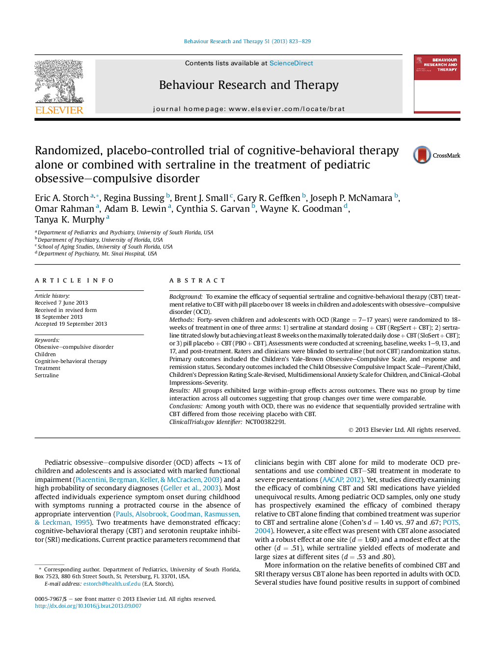 Randomized, placebo-controlled trial of cognitive-behavioral therapy alone or combined with sertraline in the treatment of pediatric obsessive-compulsive disorder