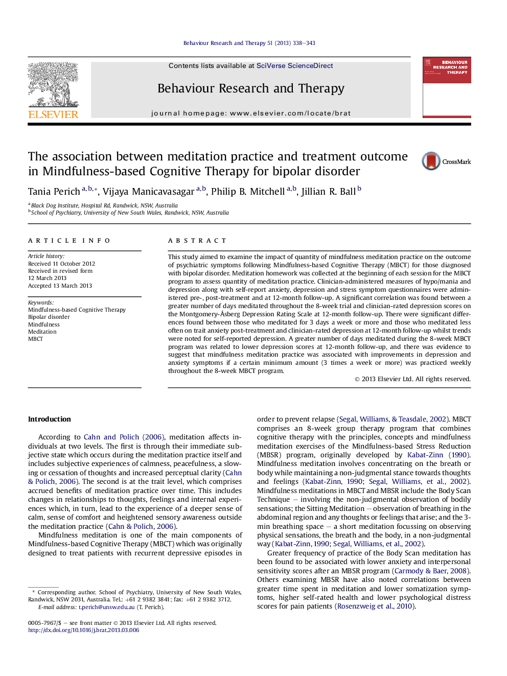 The association between meditation practice and treatment outcome in Mindfulness-based Cognitive Therapy for bipolar disorder