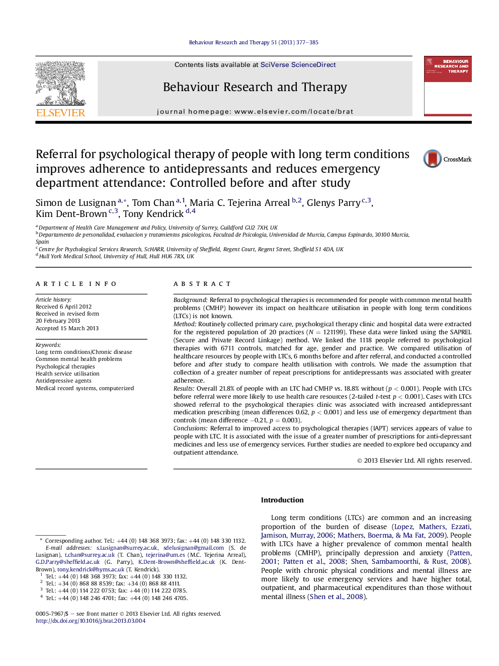 Referral for psychological therapy of people with long term conditions improves adherence to antidepressants and reduces emergency department attendance: Controlled before and after study