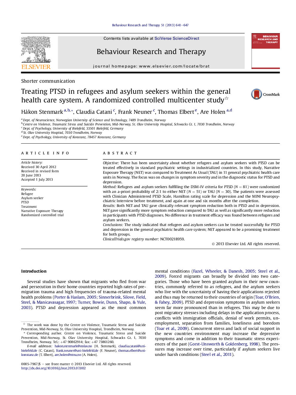 Treating PTSD in refugees and asylum seekers within the general health care system. A randomized controlled multicenter study