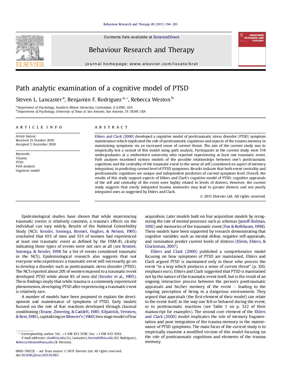 Path analytic examination of a cognitive model of PTSD