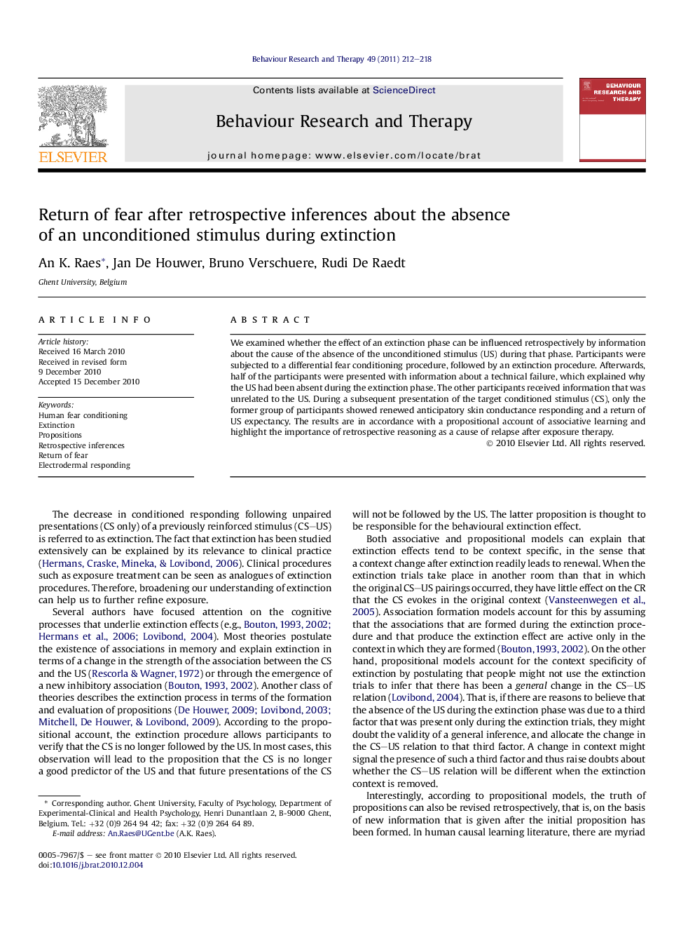 Return of fear after retrospective inferences about the absence of an unconditioned stimulus during extinction