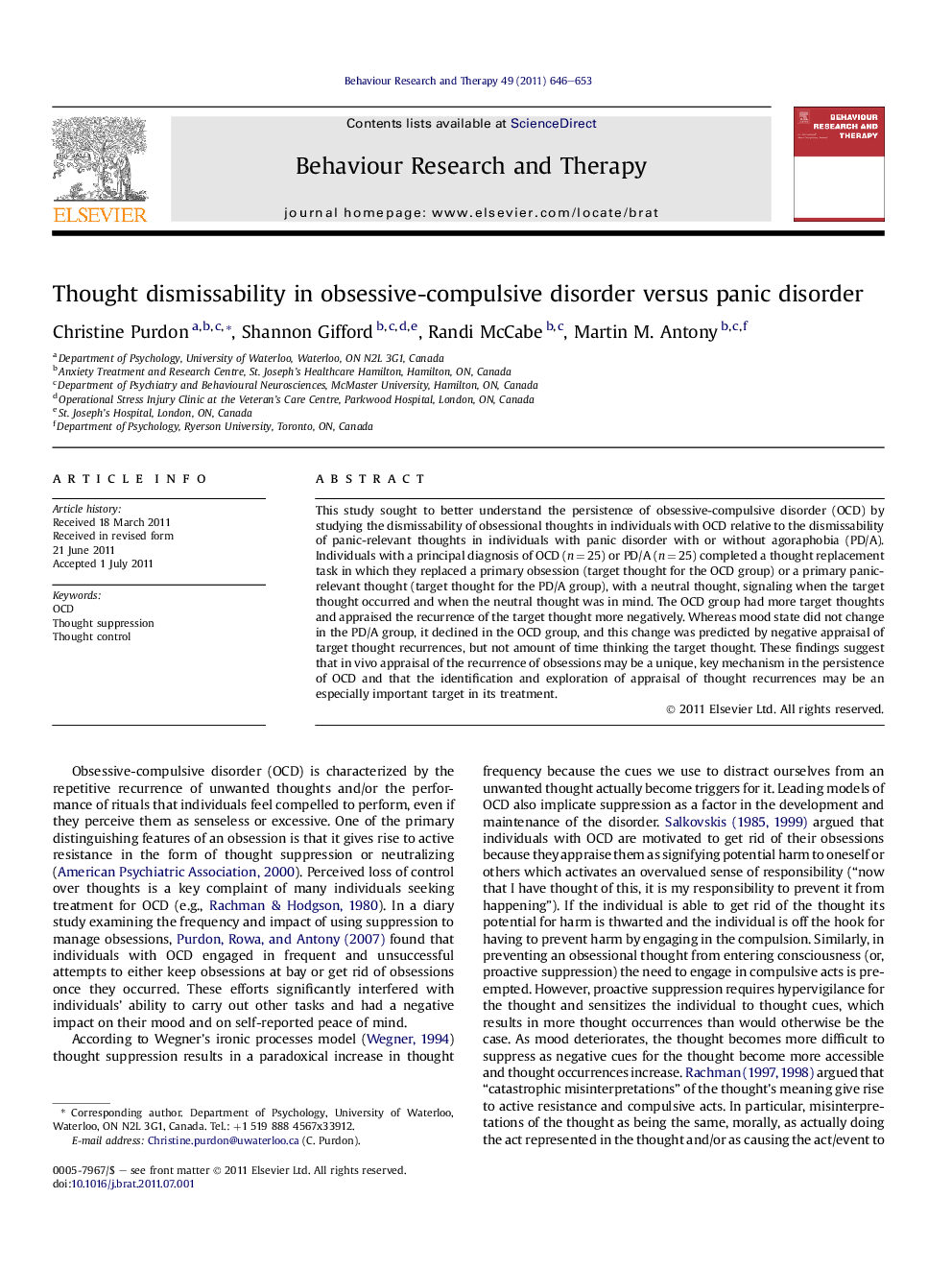 Thought dismissability in obsessive-compulsive disorder versus panic disorder