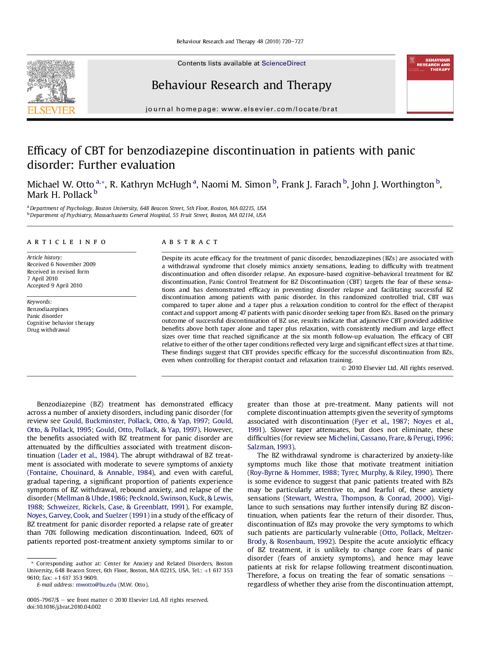 Efficacy of CBT for benzodiazepine discontinuation in patients with panic disorder: Further evaluation