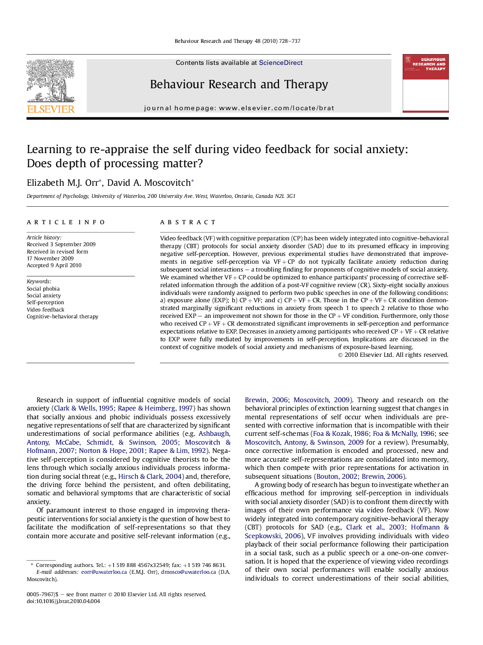 Learning to re-appraise the self during video feedback for social anxiety: Does depth of processing matter?