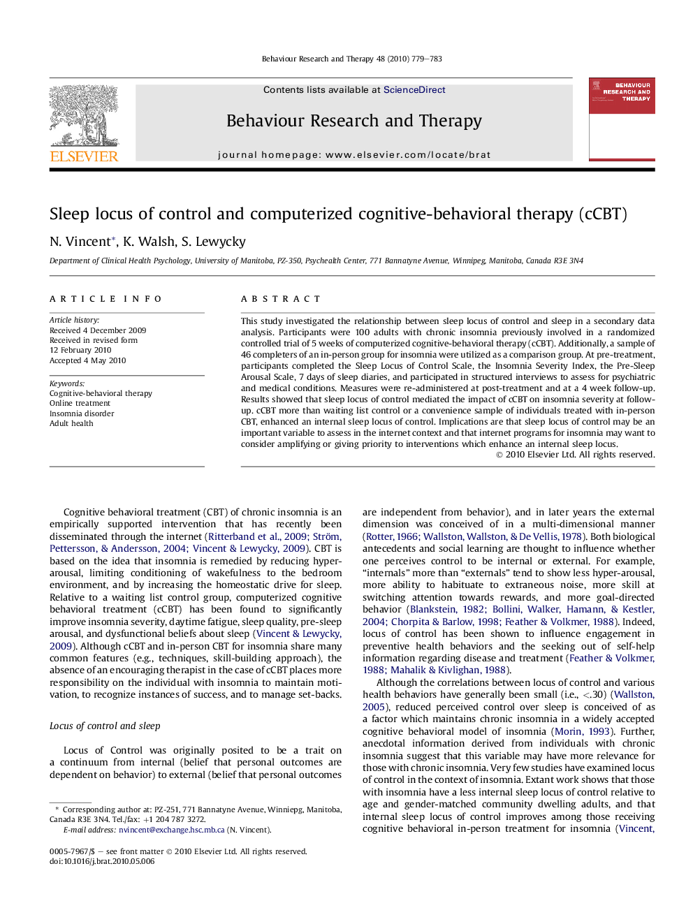 Sleep locus of control and computerized cognitive-behavioral therapy (cCBT)