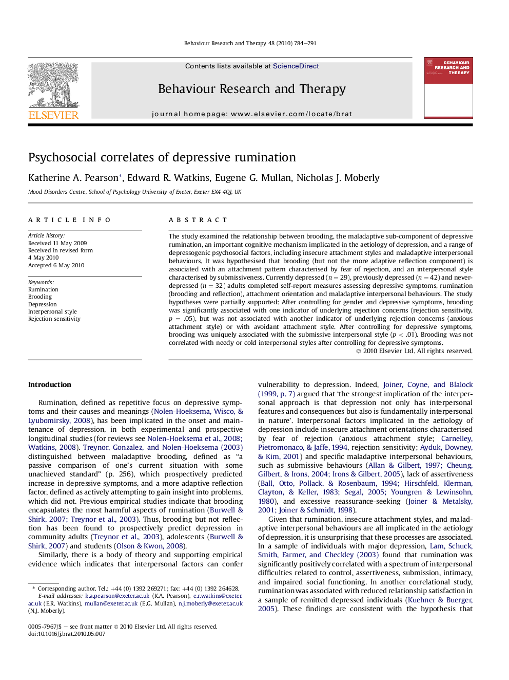 Psychosocial correlates of depressive rumination