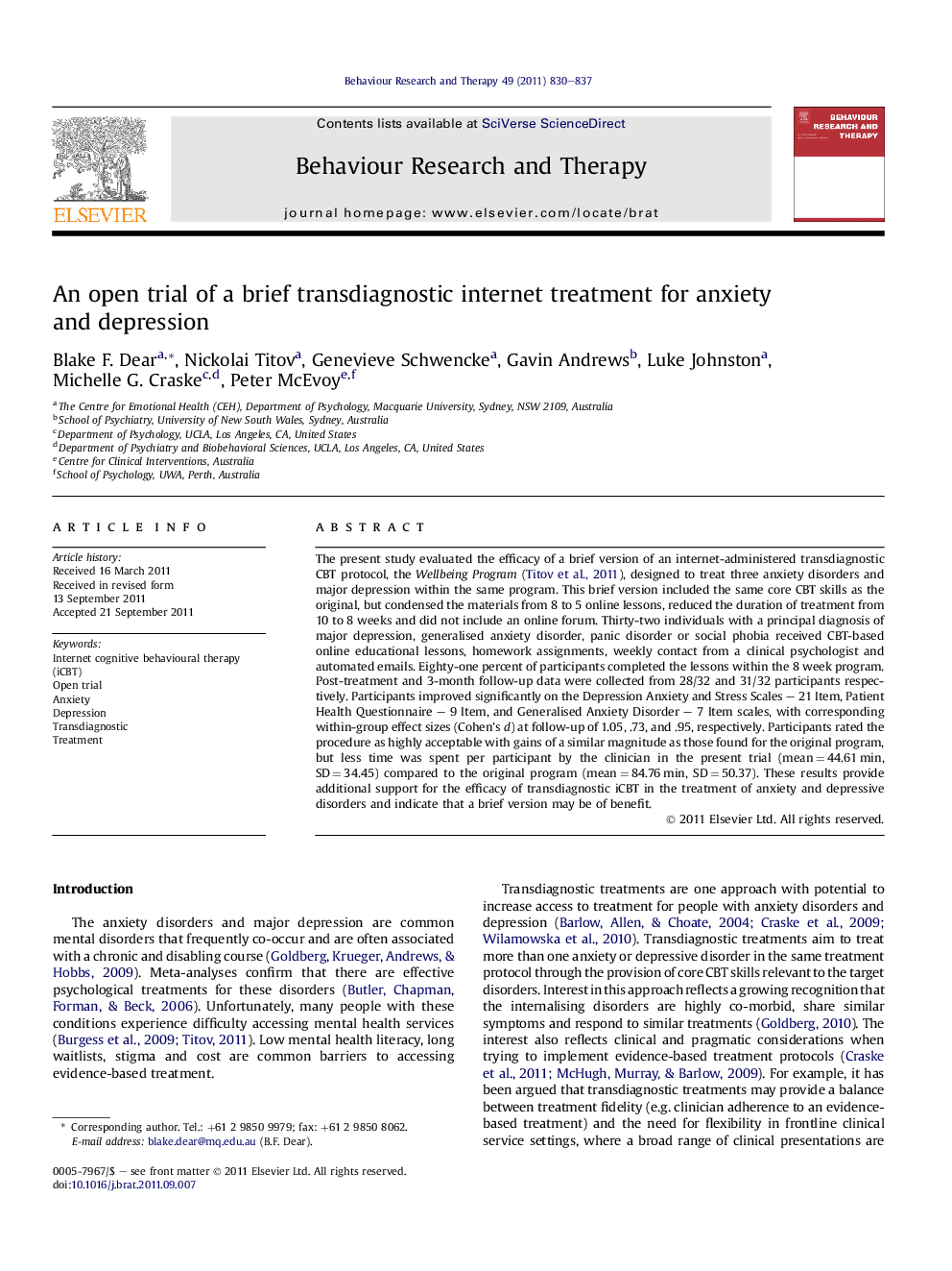 An open trial of a brief transdiagnostic internet treatment for anxiety and depression