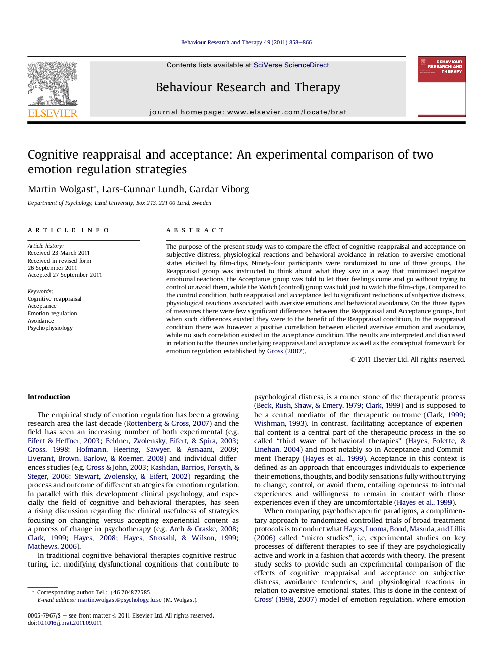 Cognitive reappraisal and acceptance: An experimental comparison of two emotion regulation strategies