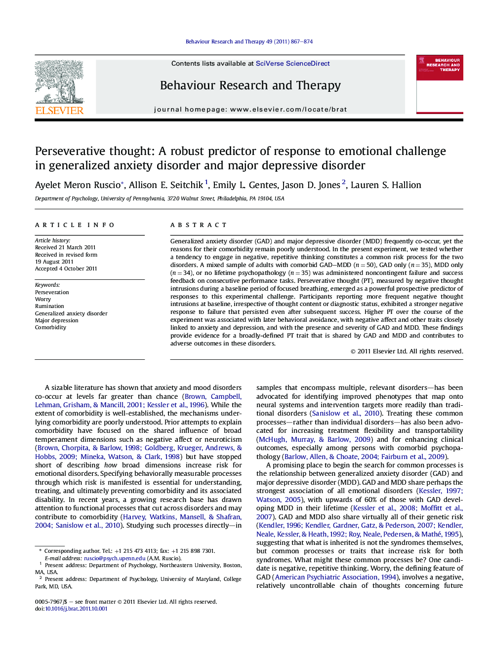 Perseverative thought: A robust predictor of response to emotional challenge in generalized anxiety disorder and major depressive disorder