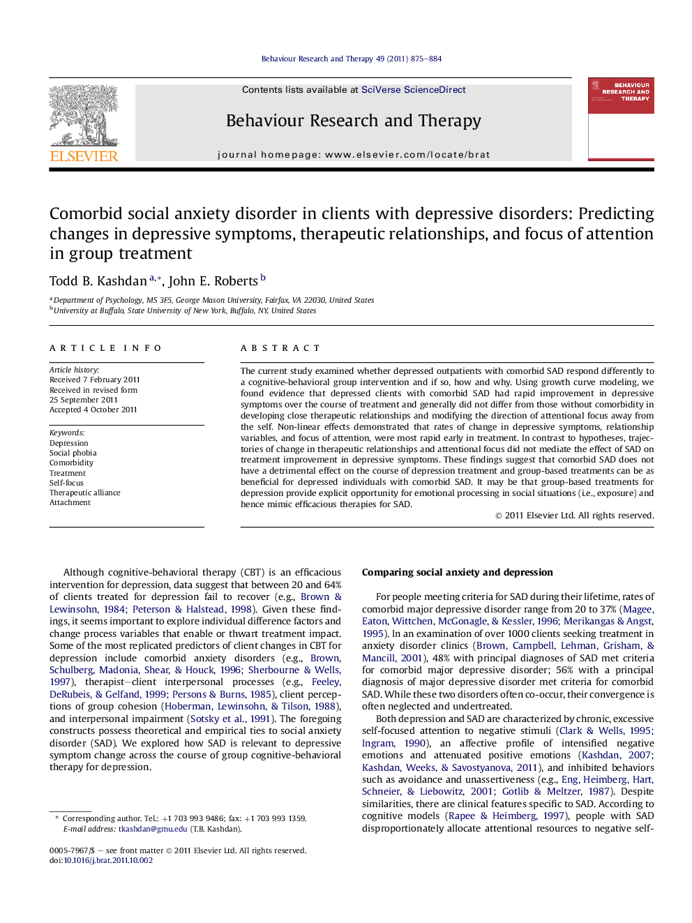 Comorbid social anxiety disorder in clients with depressive disorders: Predicting changes in depressive symptoms, therapeutic relationships, and focus of attention in group treatment