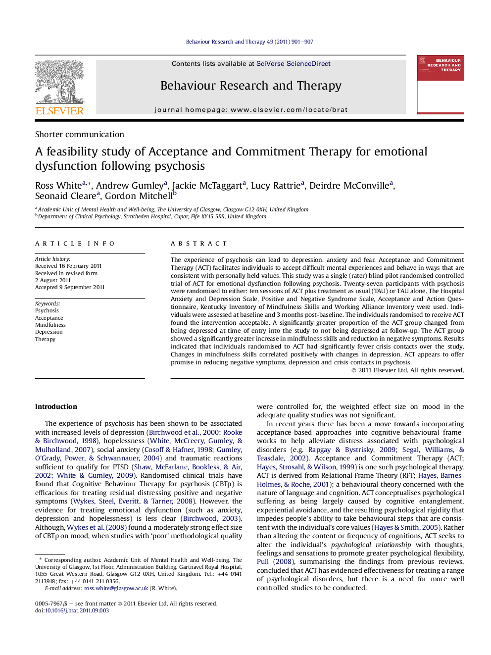 A feasibility study of Acceptance and Commitment Therapy for emotional dysfunction following psychosis