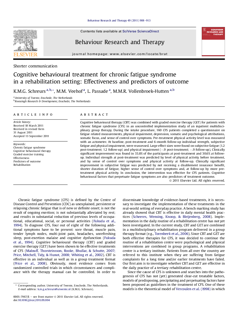 Cognitive behavioural treatment for chronic fatigue syndrome in a rehabilitation setting: Effectiveness and predictors of outcome