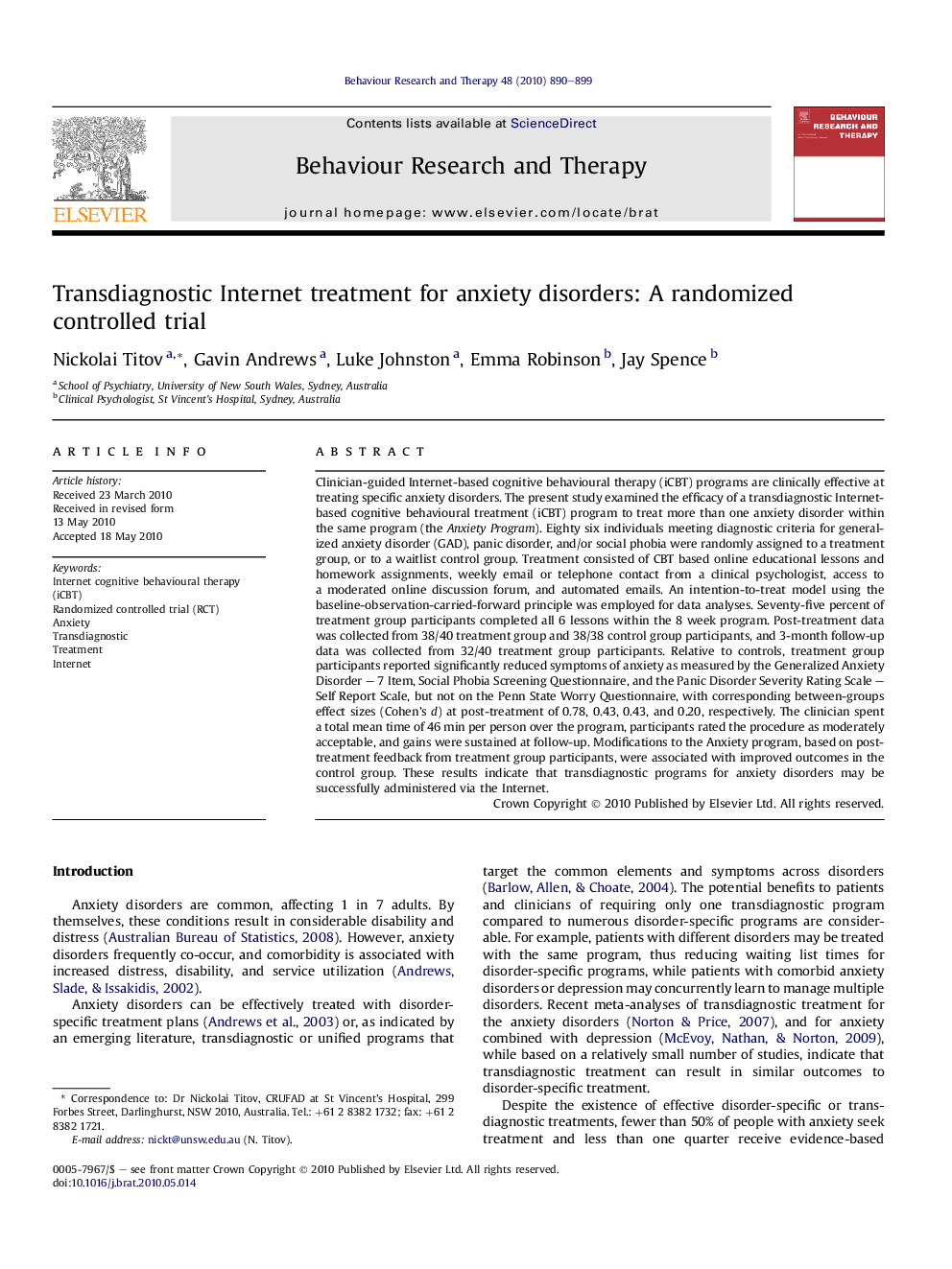 Transdiagnostic Internet treatment for anxiety disorders: A randomized controlled trial