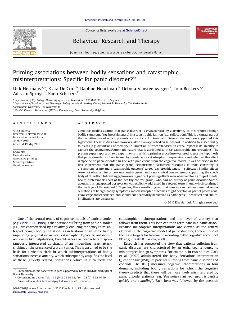 Priming associations between bodily sensations and catastrophic misinterpretations: Specific for panic disorder?