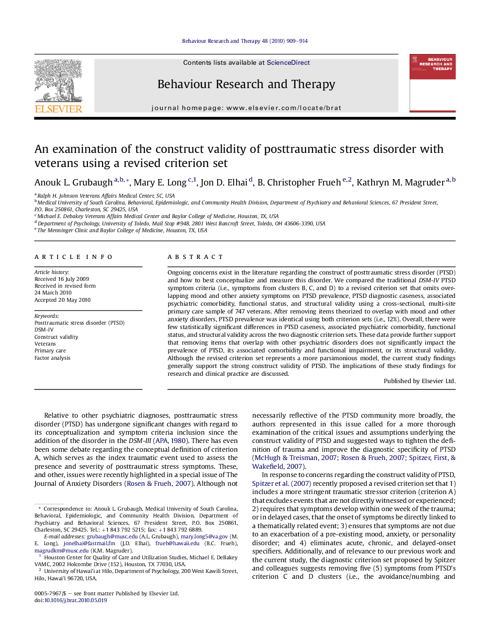 An examination of the construct validity of posttraumatic stress disorder with veterans using a revised criterion set