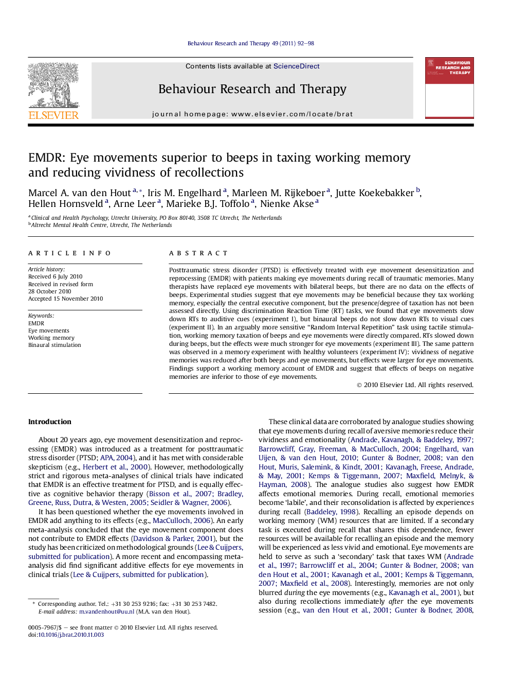 EMDR: Eye movements superior to beeps in taxing working memory and reducing vividness of recollections