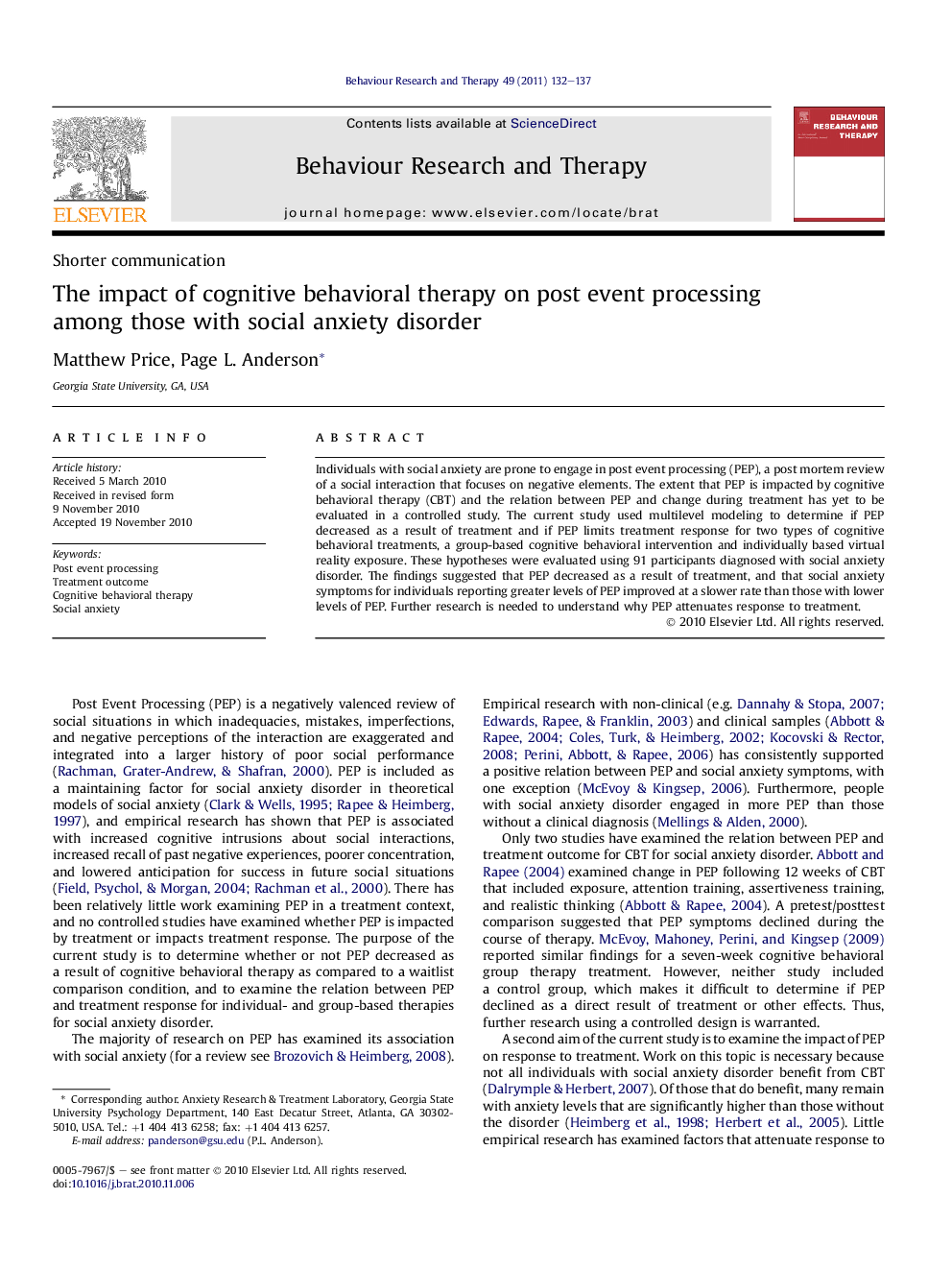 The impact of cognitive behavioral therapy on post event processing among those with social anxiety disorder