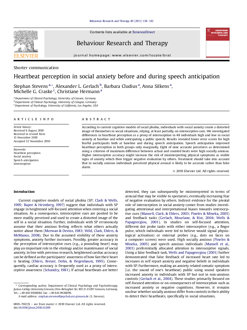 Heartbeat perception in social anxiety before and during speech anticipation