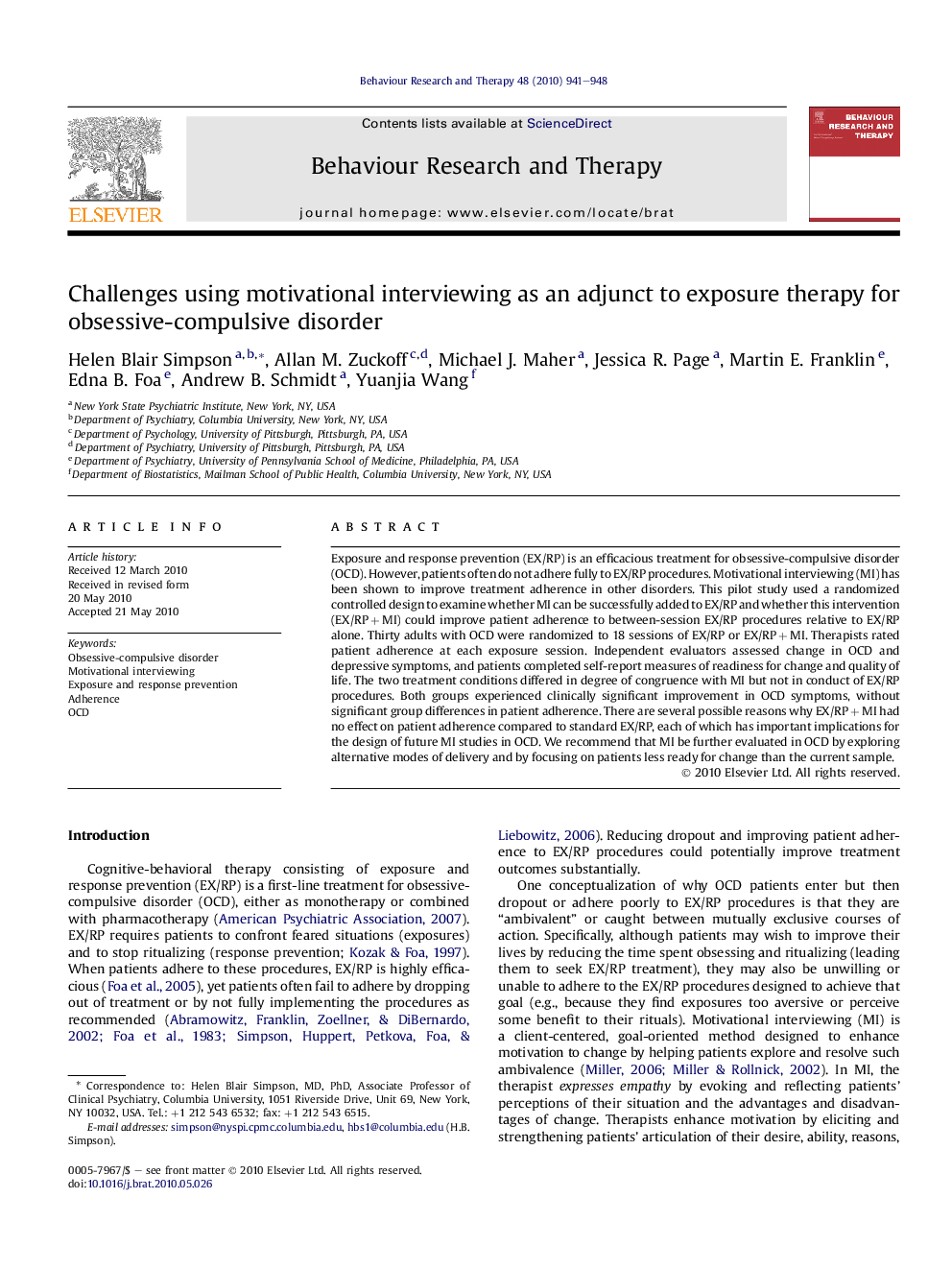 Challenges using motivational interviewing as an adjunct to exposure therapy for obsessive-compulsive disorder