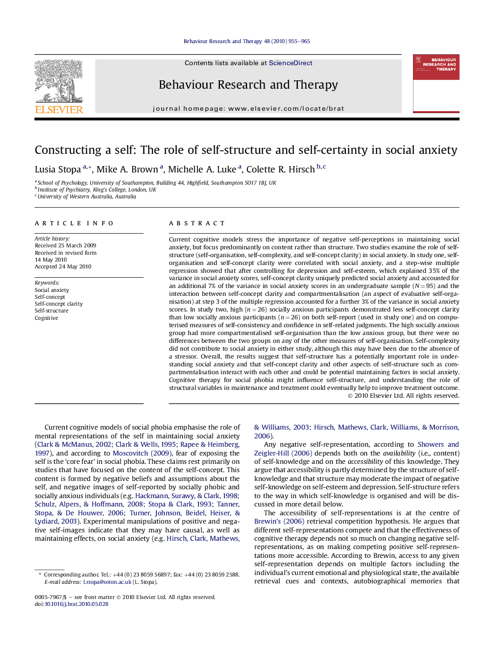 Constructing a self: The role of self-structure and self-certainty in social anxiety