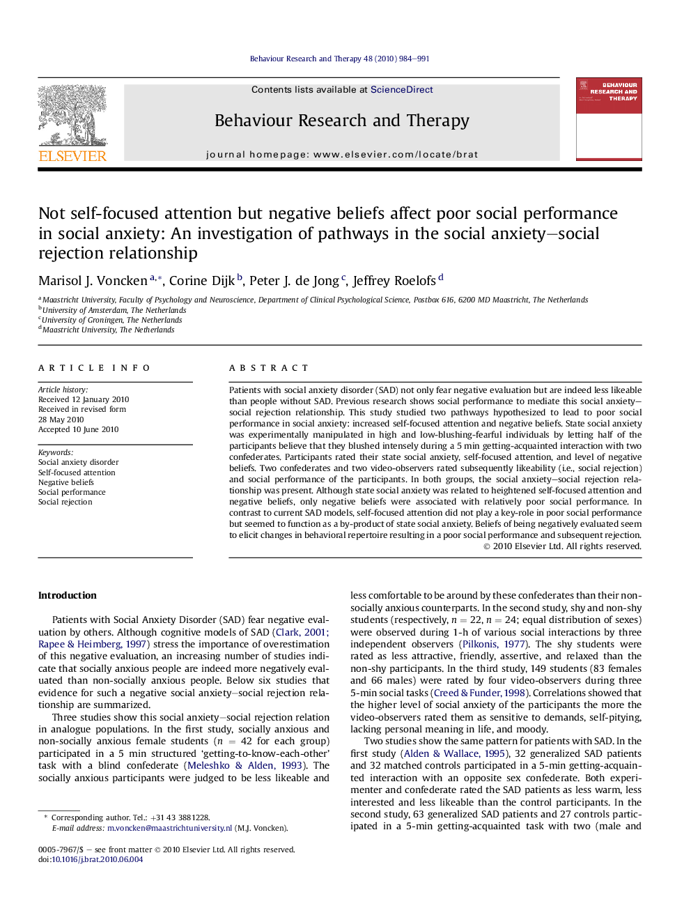 Not self-focused attention but negative beliefs affect poor social performance in social anxiety: An investigation of pathways in the social anxiety-social rejection relationship