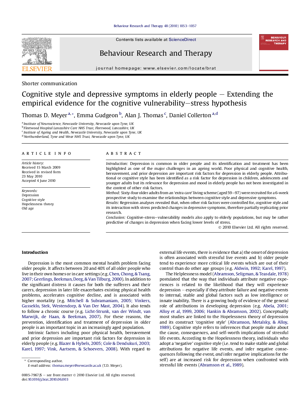 Cognitive style and depressive symptoms in elderly people - Extending the empirical evidence for the cognitive vulnerability-stress hypothesis