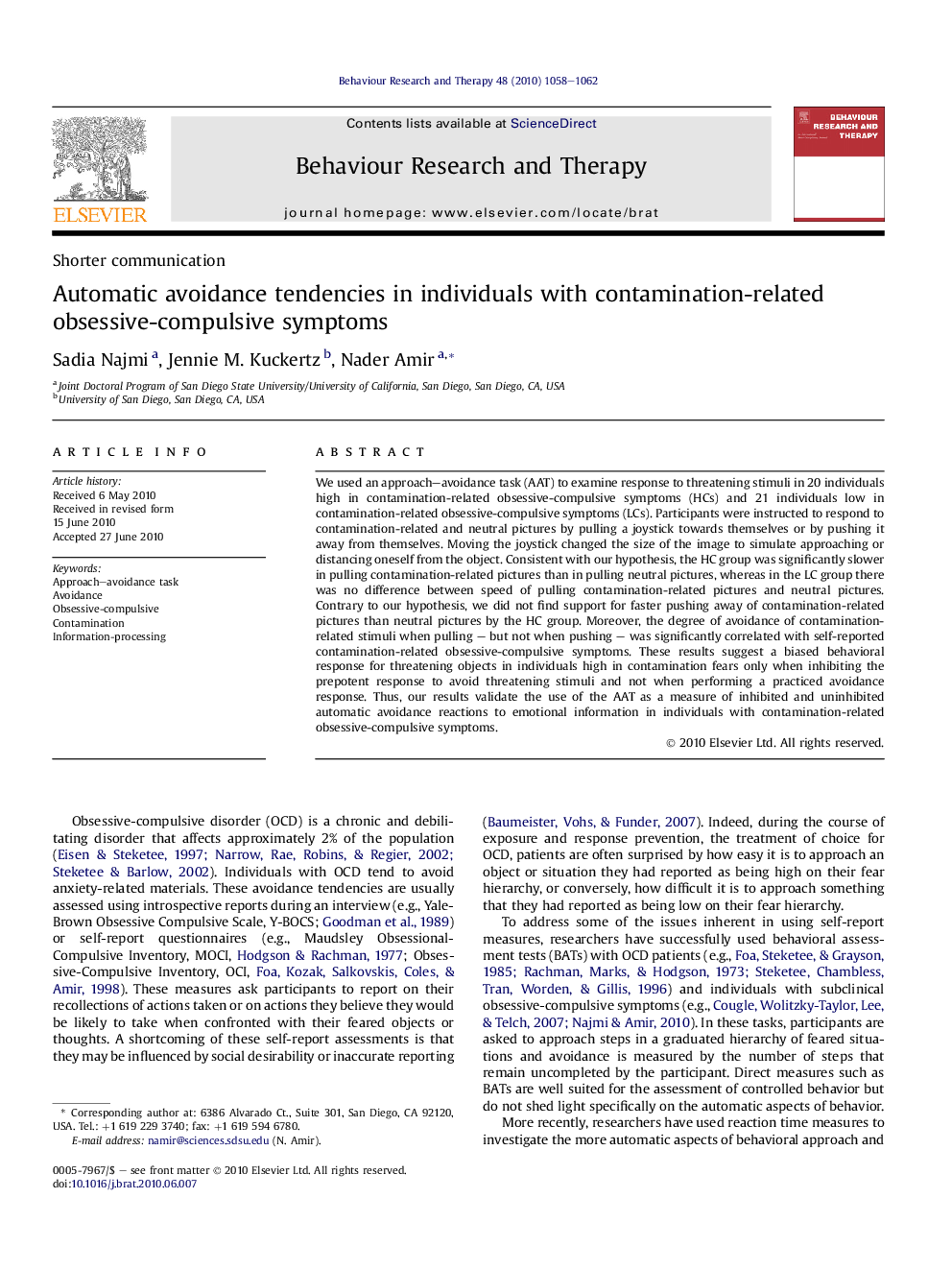 Automatic avoidance tendencies in individuals with contamination-related obsessive-compulsive symptoms