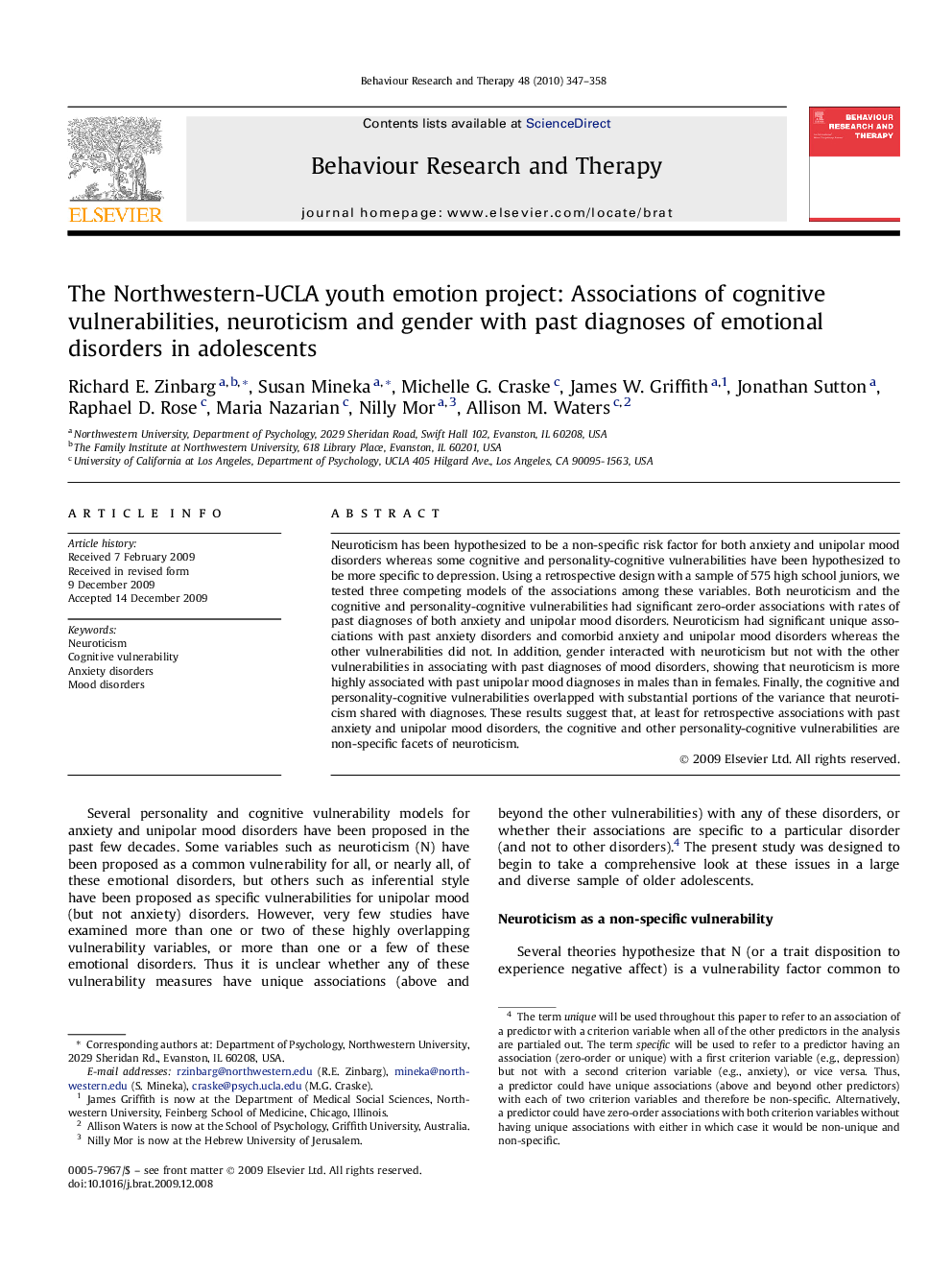 The Northwestern-UCLA youth emotion project: Associations of cognitive vulnerabilities, neuroticism and gender with past diagnoses of emotional disorders in adolescents