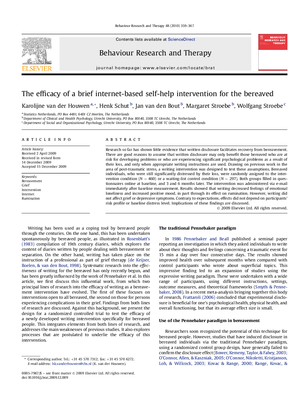 The efficacy of a brief internet-based self-help intervention for the bereaved