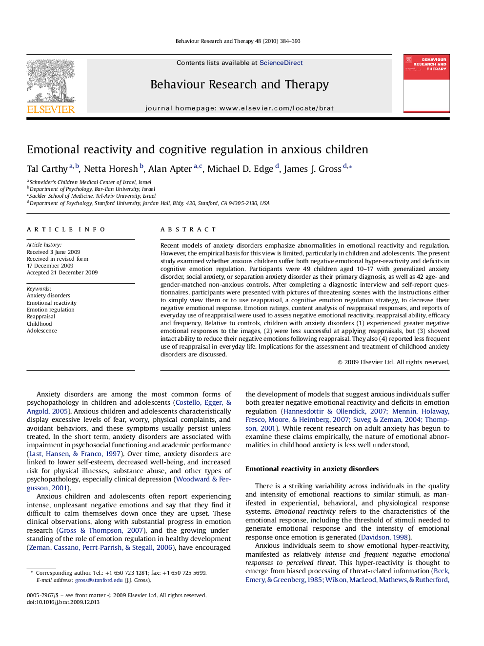 Emotional reactivity and cognitive regulation in anxious children