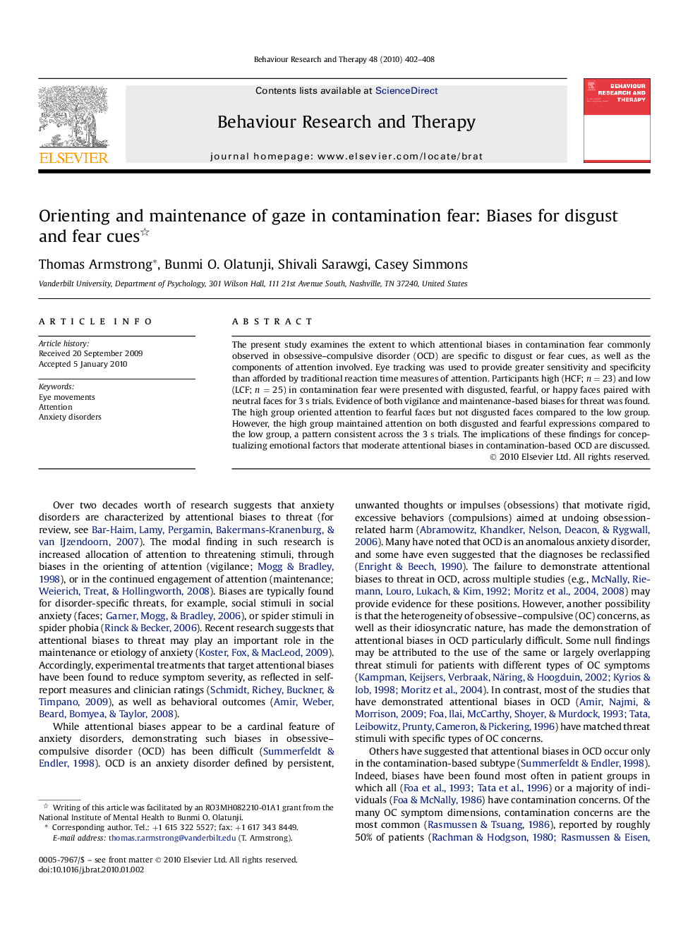 Orienting and maintenance of gaze in contamination fear: Biases for disgust and fear cues