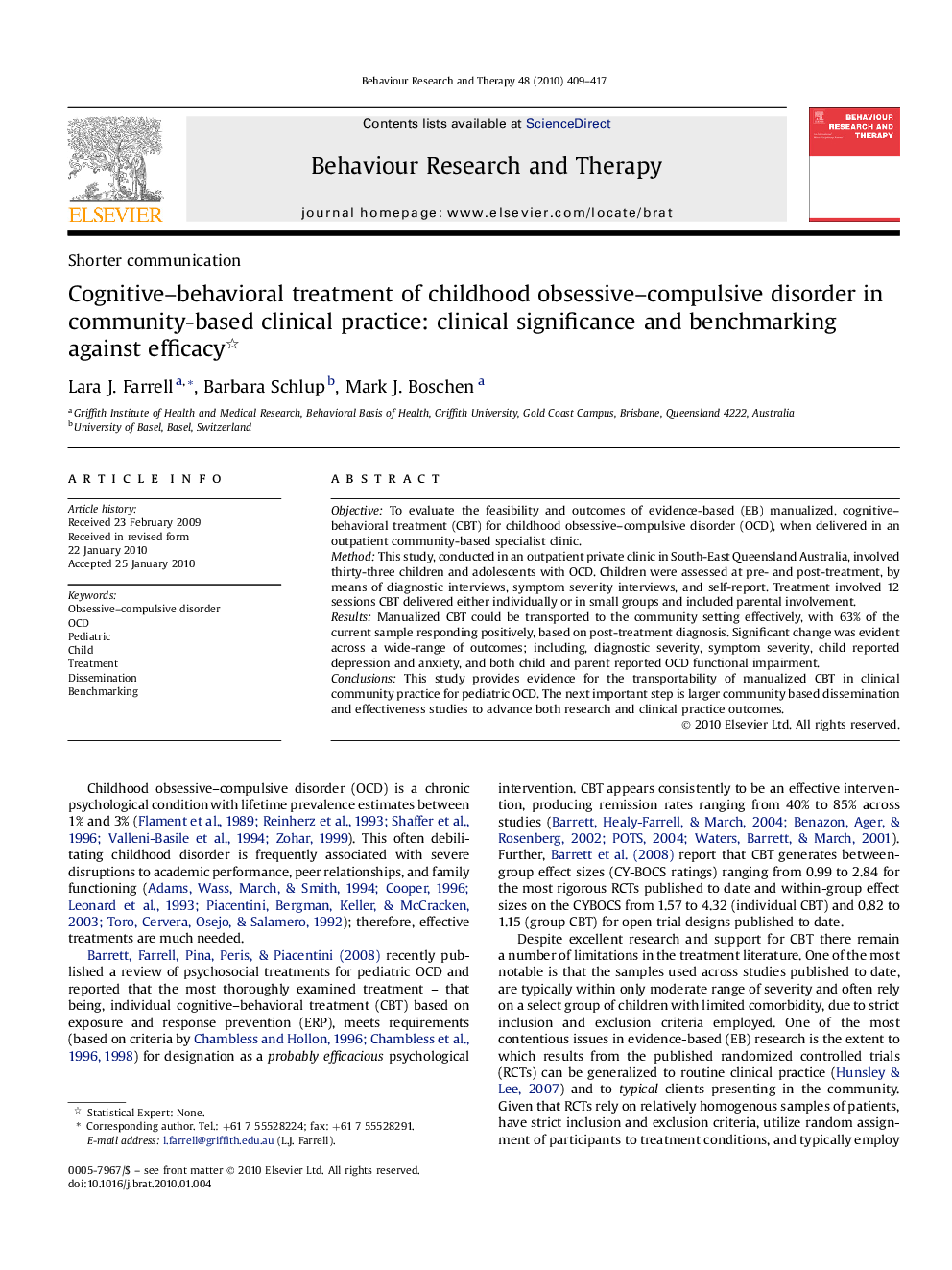 Cognitive-behavioral treatment of childhood obsessive-compulsive disorder in community-based clinical practice: clinical significance and benchmarking against efficacy