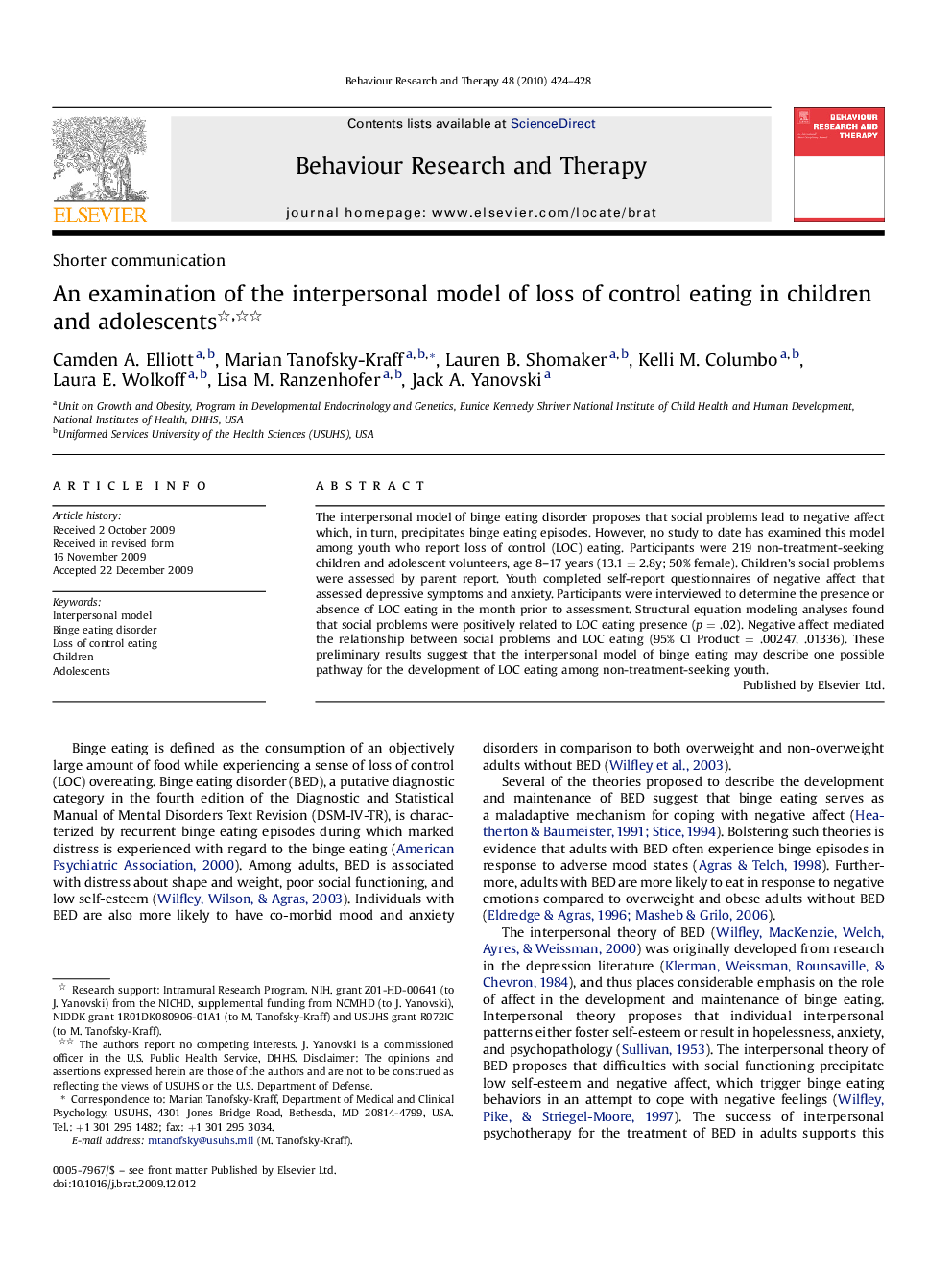 An examination of the interpersonal model of loss of control eating in children and adolescents