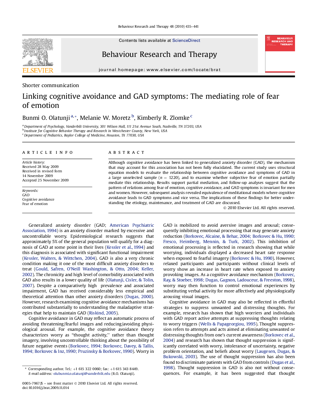 Linking cognitive avoidance and GAD symptoms: The mediating role of fear of emotion