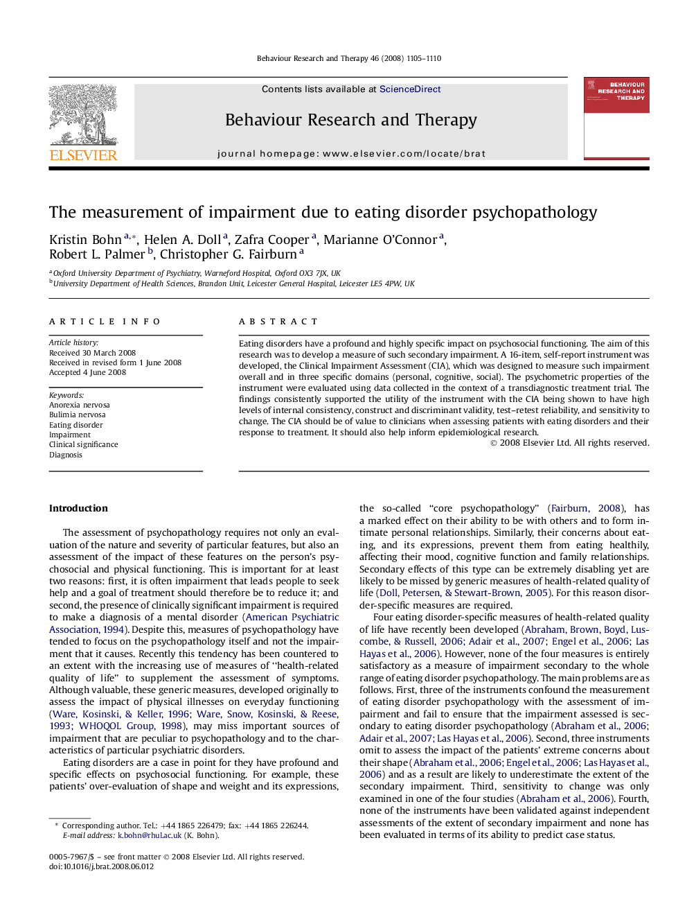 The measurement of impairment due to eating disorder psychopathology