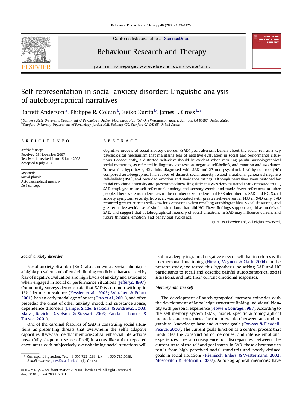 Self-representation in social anxiety disorder: Linguistic analysis of autobiographical narratives