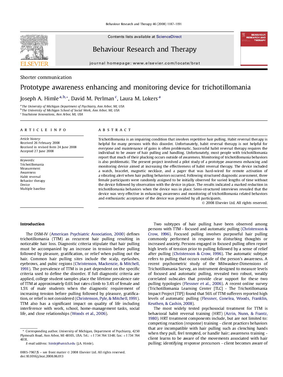 Prototype awareness enhancing and monitoring device for trichotillomania