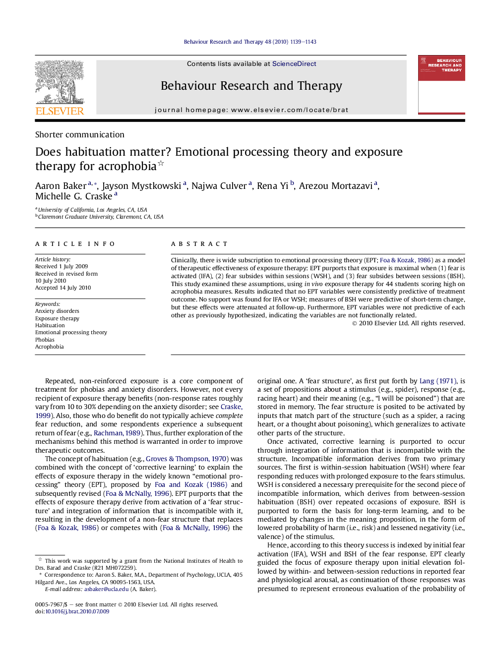 Does habituation matter? Emotional processing theory and exposure therapy for acrophobia