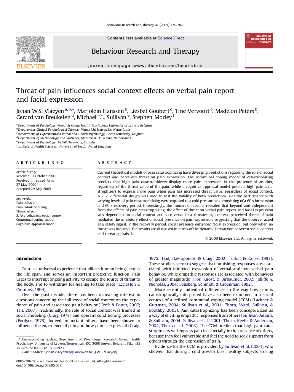 Threat of pain influences social context effects on verbal pain report and facial expression